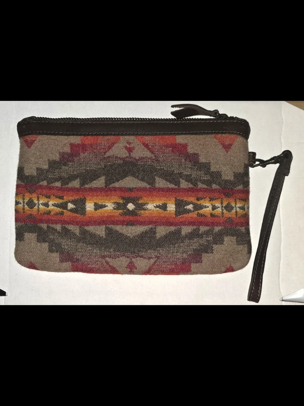 Pendleton Brown Red Orange Patterned Wool Wristlet